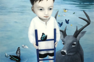 屋敷妙子の油彩画「ぼくたちの歩み」2021